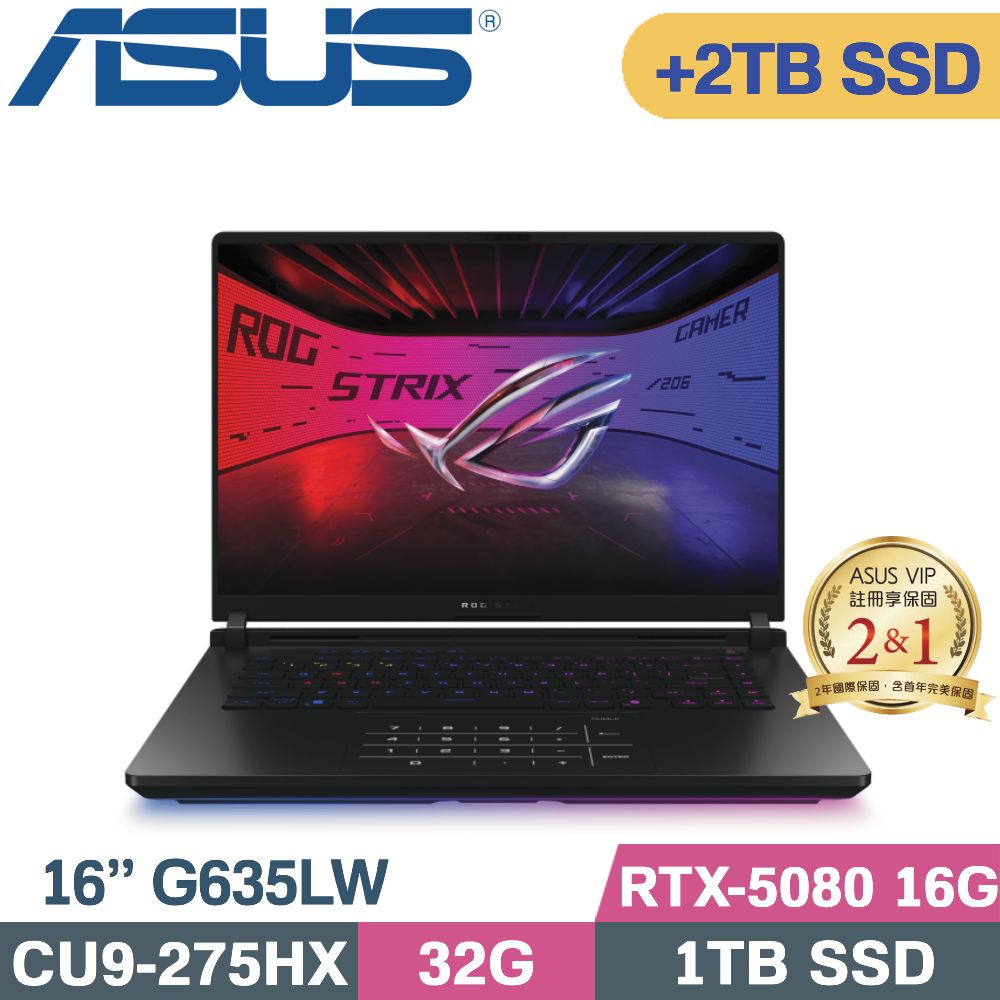 ASUS ROG 華碩 ROG Strix SCAR 16 G635LW-0021A275HX-NBLM 闇夜黑(CU9-275HX/32G/1TB+2TB SSD/RTX-5080/W11/16)特仕