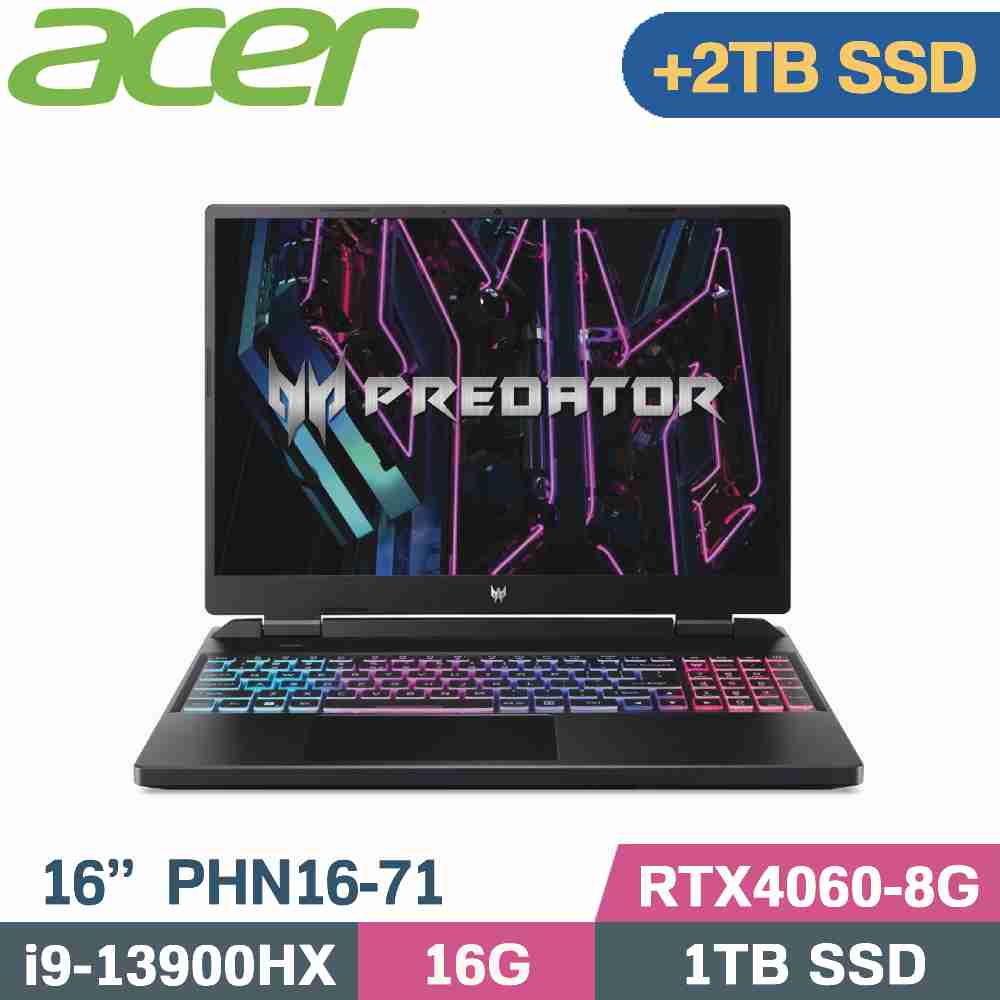 Acer Predator PHN16-71-91QX 黑(i9-13900HX/16G/1TB+2TB SSD/RTX4060/W11/16)特仕筆電