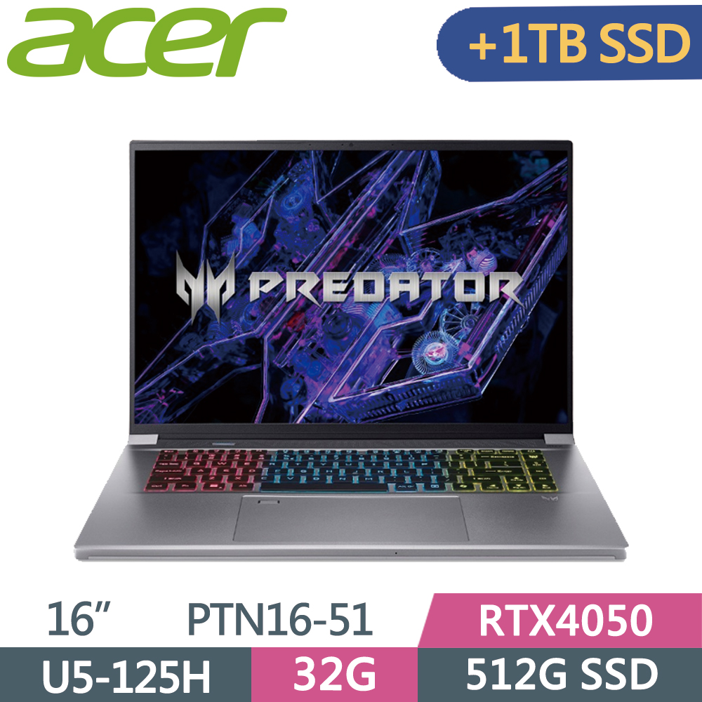 ACER Predator PTN16-51-51A0 銀(Ultra 5-125H/32G/512G+1T SSD/RTX4050/W11/165Hz/16)特仕
