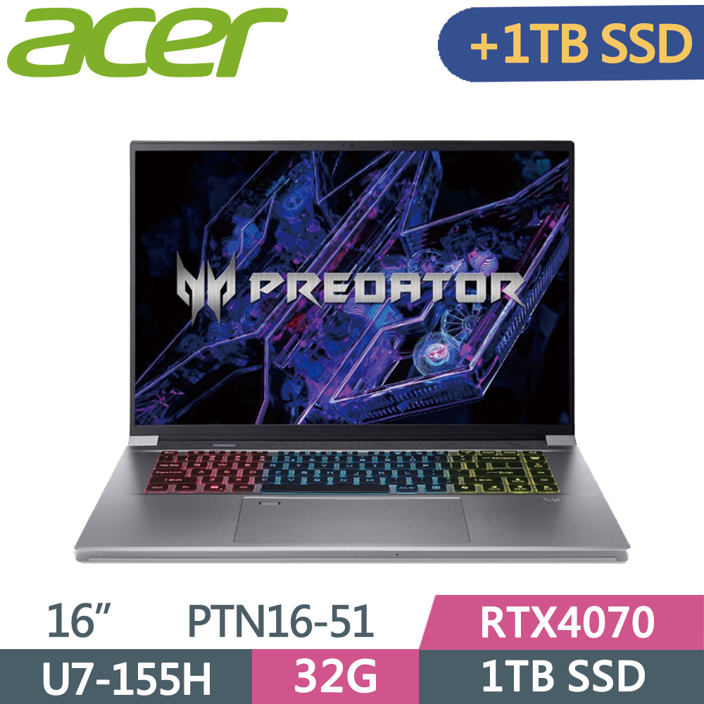 ACER Predator Triton PTN16-51-73KS 銀(Ultra 7-155H/32G/1T+1T SSD/RTX4070/W11/165Hz/16)特仕