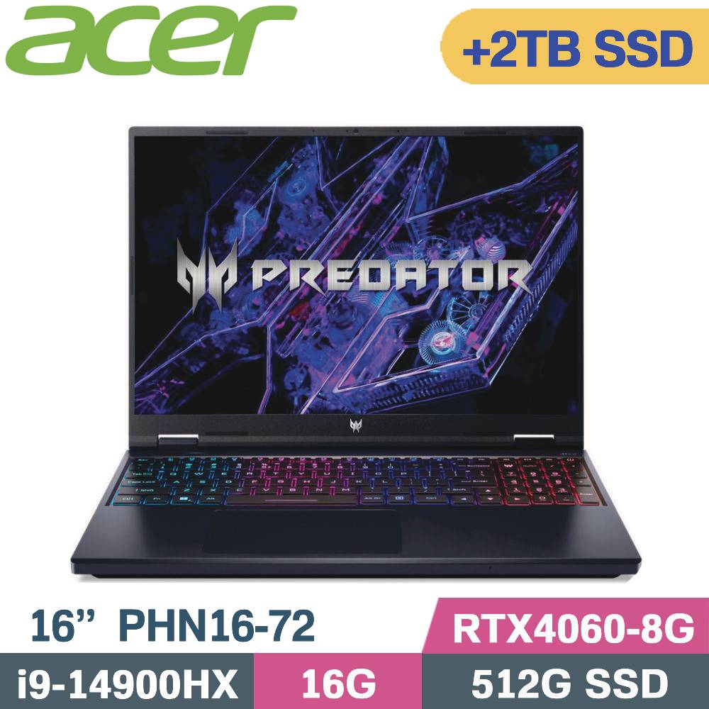 Acer Predator Helios Neo 16 PHN16-72-93J4 黑(i9-14900HX/16G/512G+2TB/RTX4060/W11/16)特仕