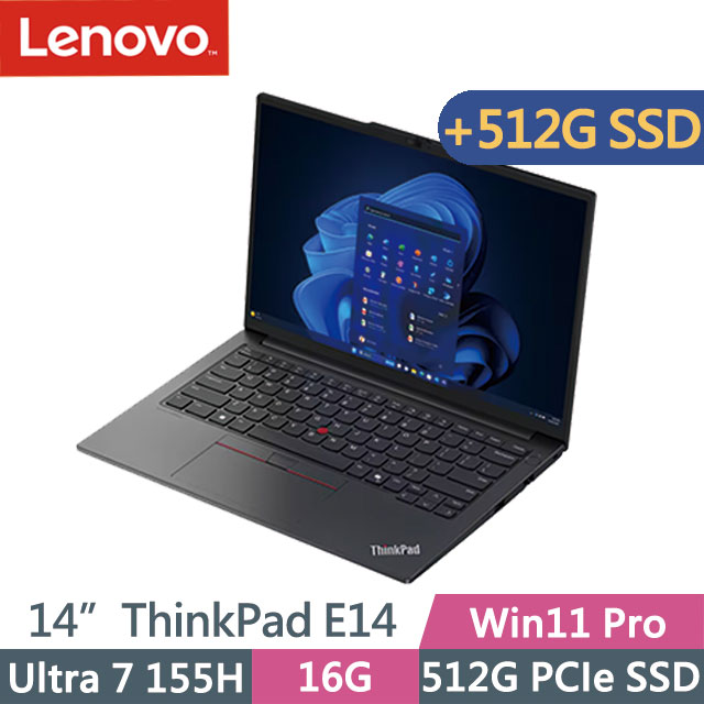 LENOVO 聯想 ThinkPad E14 黑(Ultra 7 155H/16G/512G+512G/14吋WUXGA/W11P)特仕