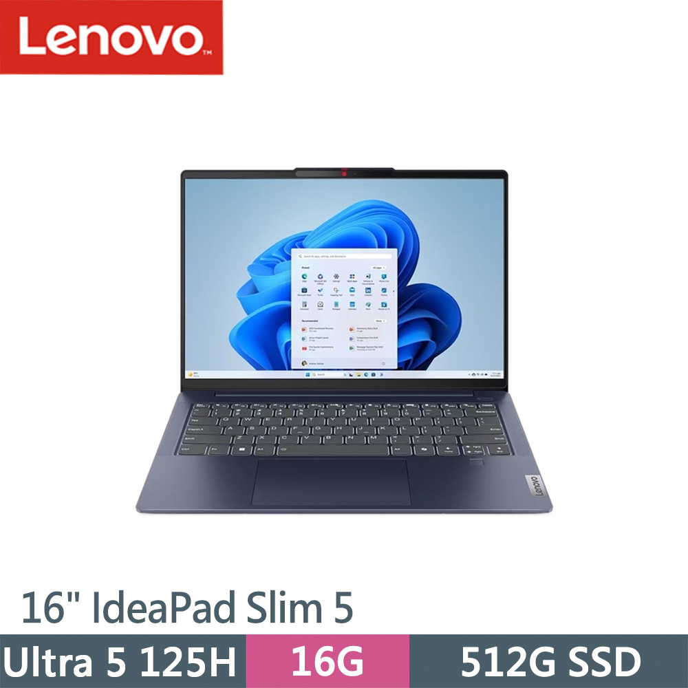 Lenovo聯想 IdeaPad Slim 5 16IMH9 83DC006UTW 輕薄筆電，搭載 Intel Core Ultra 5 125H 處理器與 Intel Arc Graphics 內顯，提供強大效能與流暢運作。16吋 WUXGA IPS 螢幕解析度達 1920x1200，藍色系設計輕巧僅 1.82kg，內建 16GB LPDDR5X 記憶體與 1TB SSD 儲存空間，適合工作與娛樂。支援 Wi-Fi 6E 與藍芽 5.2，FHD 1080p 網路攝影機帶隱私遮罩，57Wh 電池續航持久，Windows 11 Home 作業系統，兩年保固安心使用。