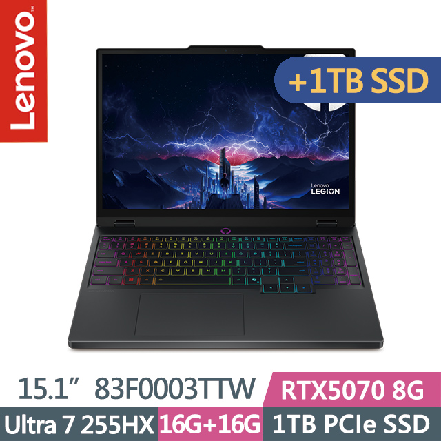 LENOVO 聯想 Legion 5 83F0003TTW 黑(Ultra 7 255HX/16G+16G/1TB+1TB/RTX5070 8G/15.1吋OLED/W11)特仕