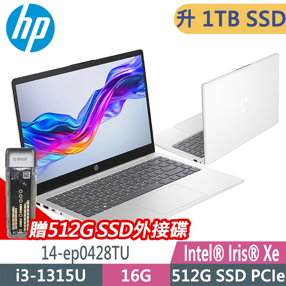 HP 惠普 14-ep0428TU 是一款輕薄實用的 14 吋膝上型電腦，搭載 11 代 Intel Core i5 處理器，8GB 記憶體與 512GB SSD 硬碟，支援 Windows 11 系統，具備 1920x1080 高畫質顯示器，適合學生、上班族日常使用，效能穩定且便於攜帶。
