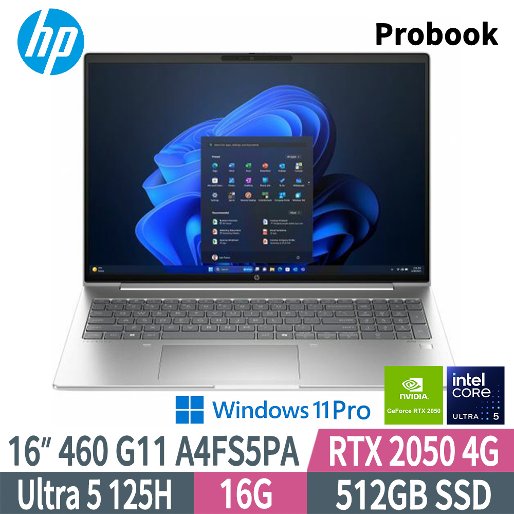 HP Probook 460 G11 A4FS5PA(Intel Core Ultra 5 125H/16G/512GB SSD/RTX 2050/W11P/16)
