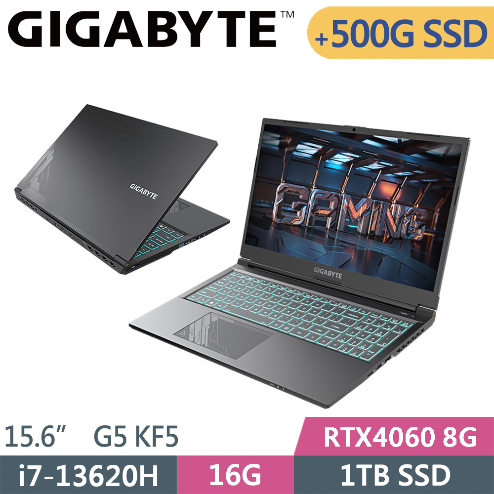 技嘉 G5 KF5-H3TW394KH-SP1 黑(i7-13620H/16G/1TB+500G SSD/RTX4060 8G/W11/15.6)特仕