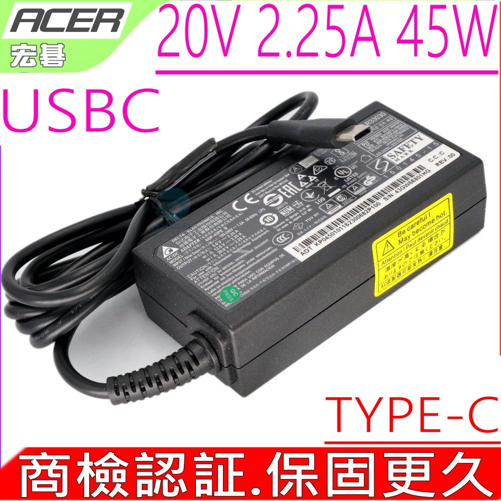 45W USB C 變壓器 適用 ACER 宏碁 SF713-51,SP714-51,R751TN CP511,CB515-1HT,CB5-315T