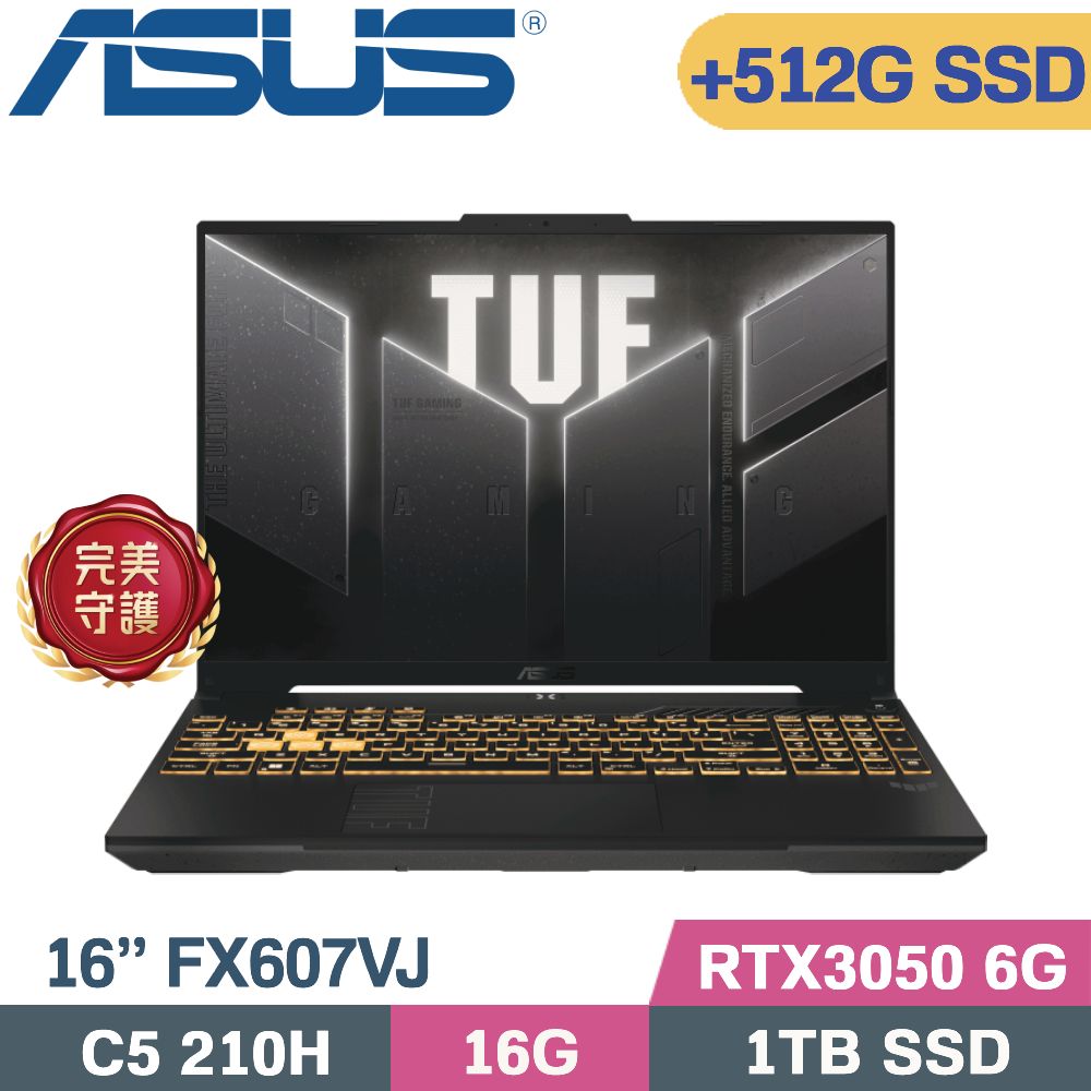 ASUS FX607VJ 是 TUF Gaming F16 系列的筆記型電腦，搭載 Intel Core i5-210H 處理器與 16GB DDR4 記憶體，內建 RTX 3050 獨顯及 SSD 硬碟，支援 Type-C PD 輸出，擁有軍規設計與單區 RGB 多彩鍵盤，提供 720P HD 網路攝影機與 Wi-Fi 6 網路功能，並預裝 Windows 11 Home 作業系統。