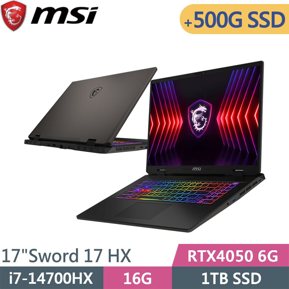 MSI 微星 Sword 17 HX B14VEKG-283TW-SP2 灰(i7-14700HX/16G/1TB+500G/RTX4050 6G/W11P/17)特仕筆電