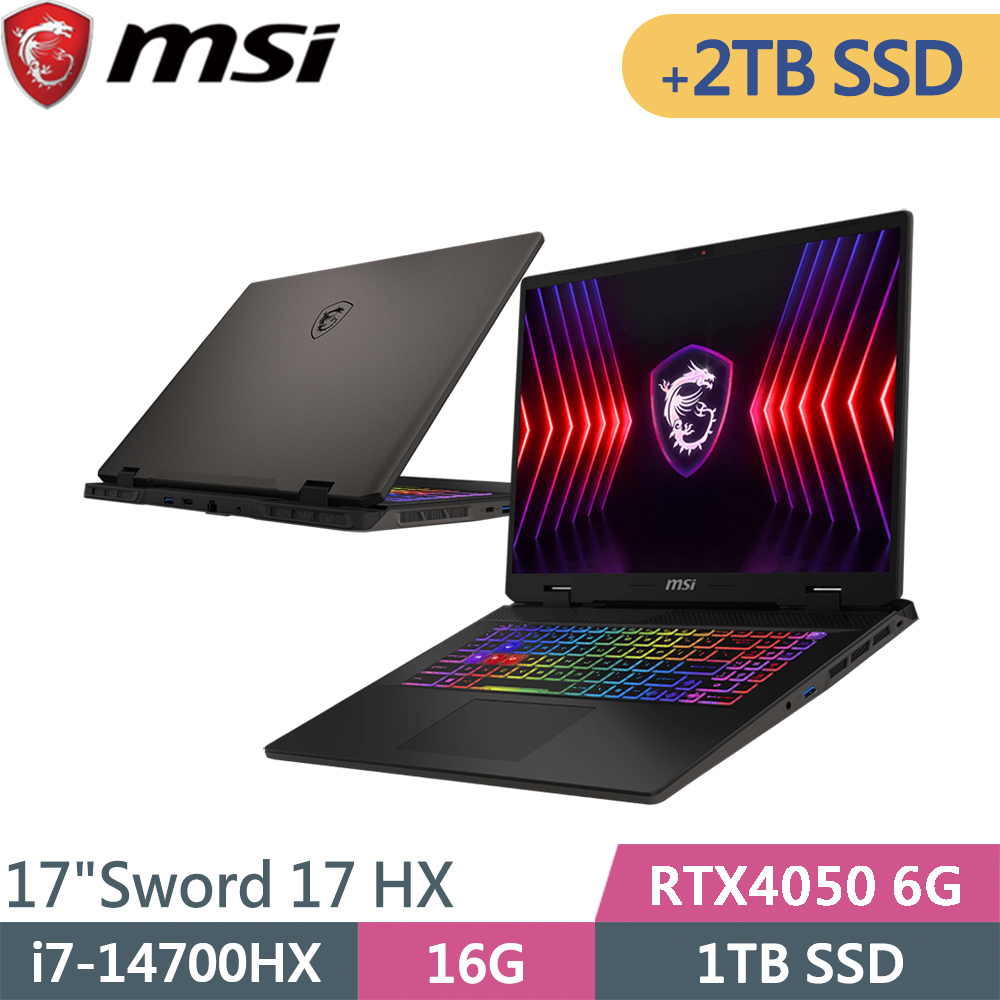 MSI 微星 Sword 17 HX B14VEKG-283TW-SP6 灰(i7-14700HX/16G/1TB+2TB/RTX4050 6G/W11P/17)特仕筆電