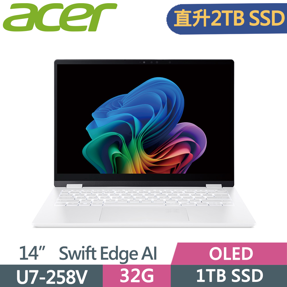 ACER 宏碁 Swift Edge AI SFE14-51T-70DG 14吋 輕薄筆電 白(Ultra7 258V/32G/2TB SSD/W11/OLED)特仕