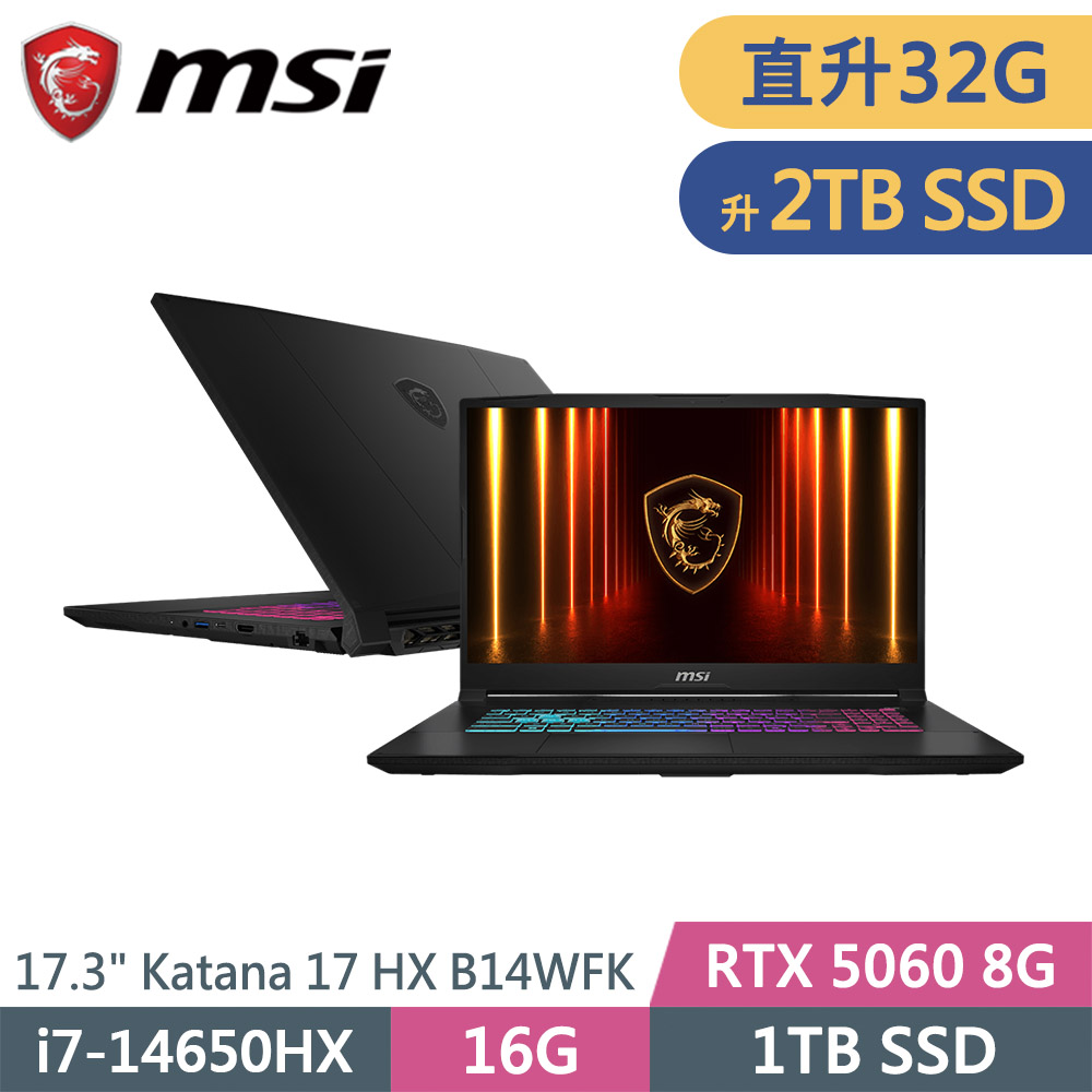 MSI 微星 Katana 17 HX B14WFK-203TW-SP4 黑(i7-14650HX/32G/2TB SSD/RTX5060 8G/W11/17.3)特仕筆電