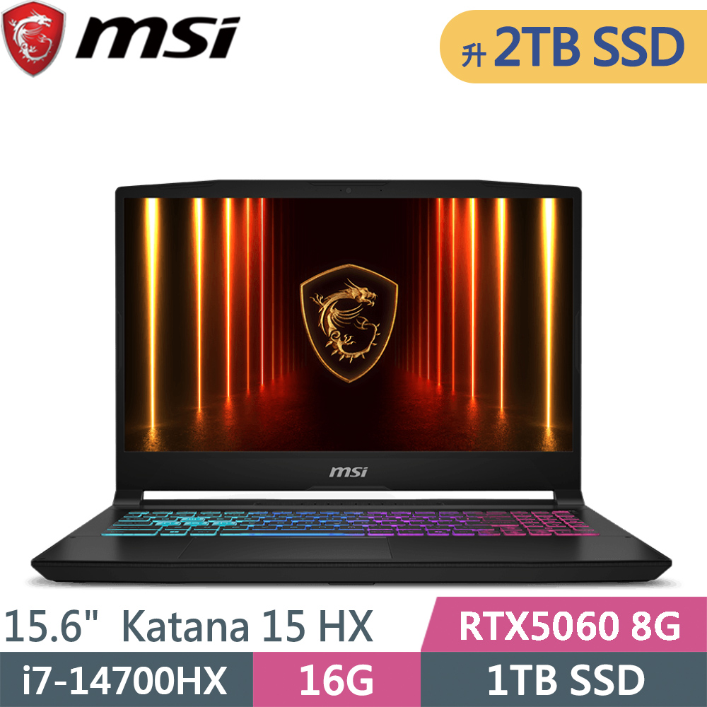 MSI 微星 Katana 15 HX B14WFK-689TW-SP3 黑(i7-14700HX/16G/2TB SSD/RTX5060 8G/W11/15.6)特仕筆電
