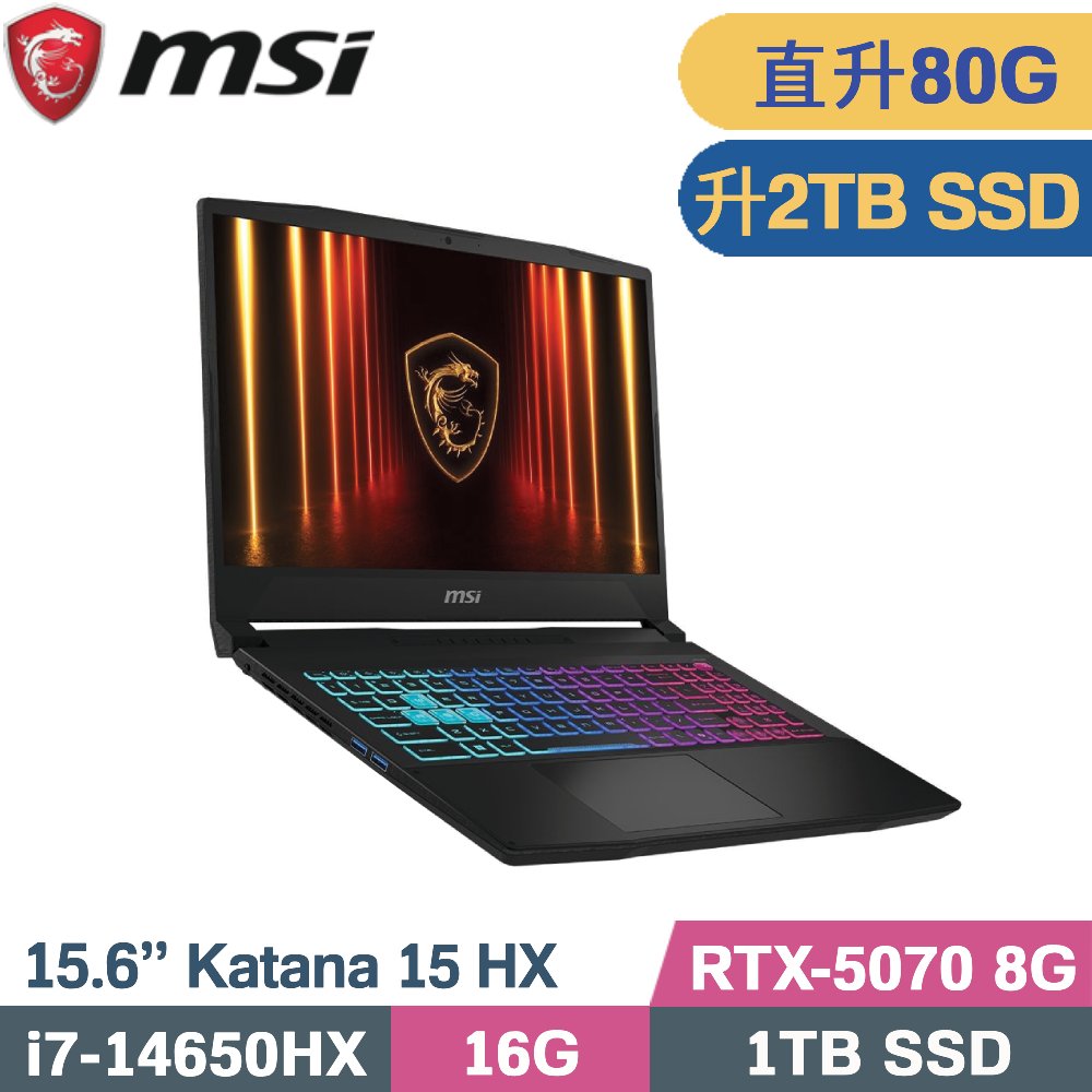 MSI 微星 Katana 15 HX B14WGK-647TW 電競筆電 黑(i7-14650HX/32G+48G/2TB SSD/RTX5070-8G/W11/15.6)特仕