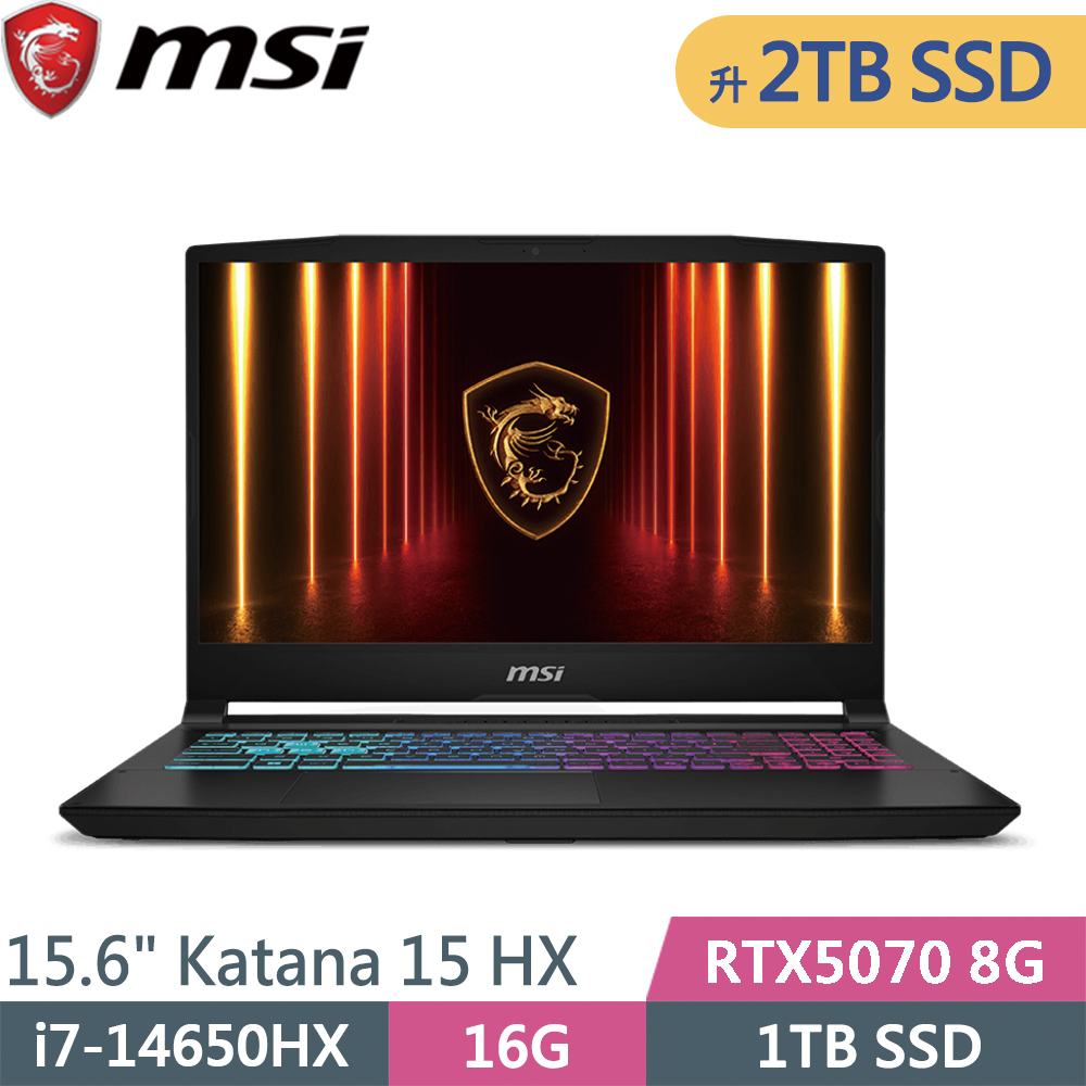 MSI 微星 Katana 15 HX B14WGK-647TW-SP3 黑(i7-14650HX/16G/2TB SSD/RTX5070 8G/W11/15.6)特仕筆電