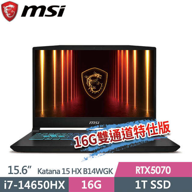 MSI 微星 Katana 15 HX B14WGK-609TW(i7-14650HX/8G+8G/1T SSD/RTX5070-8G/15.6FHD/W11)特仕電競筆電
