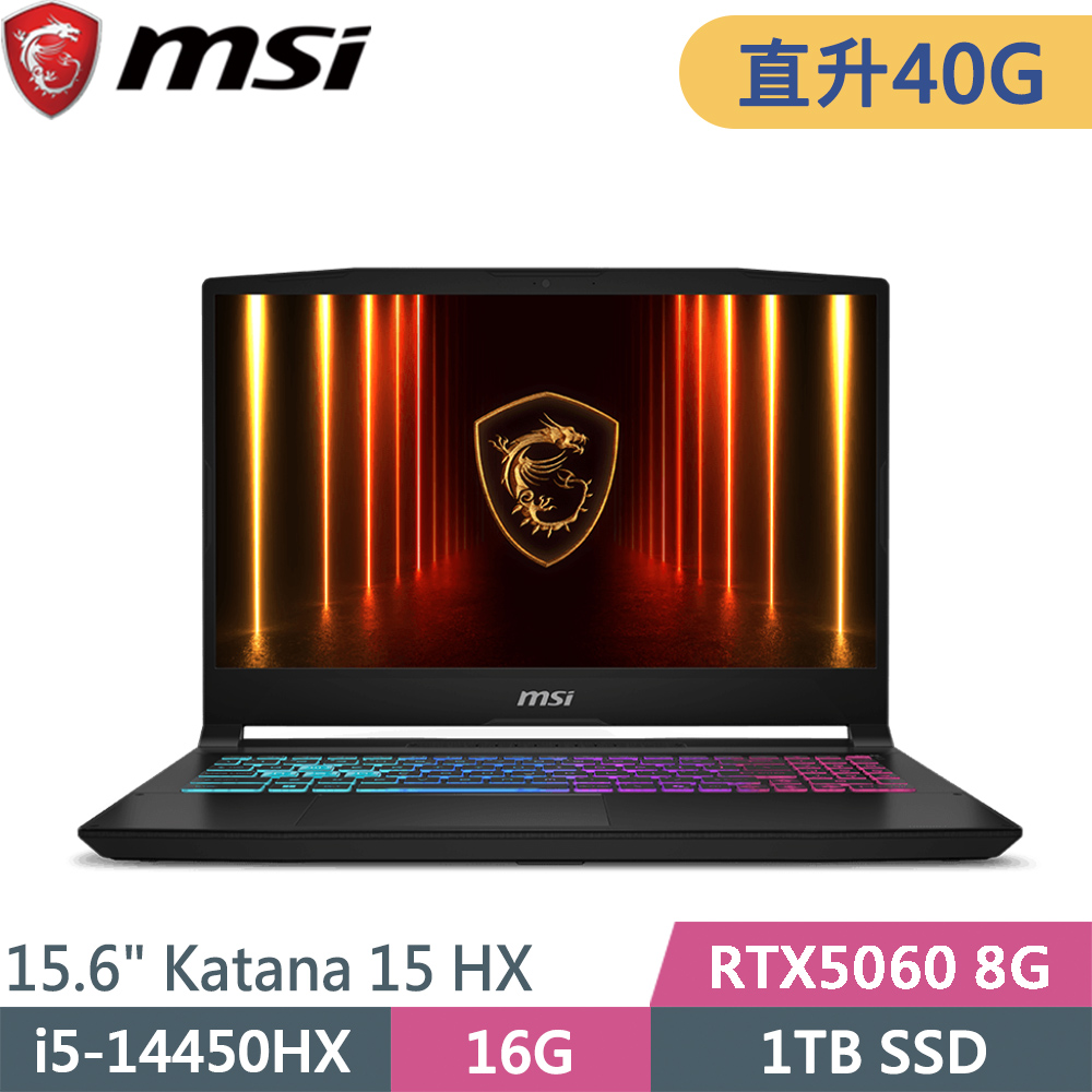 MSI 微星 Katana 15 HX B14WFK-897TW-SP3 黑(i5-14450HX/16G+24G/1TB SSD/RTX5060 8G/W11/15.6)特仕筆電