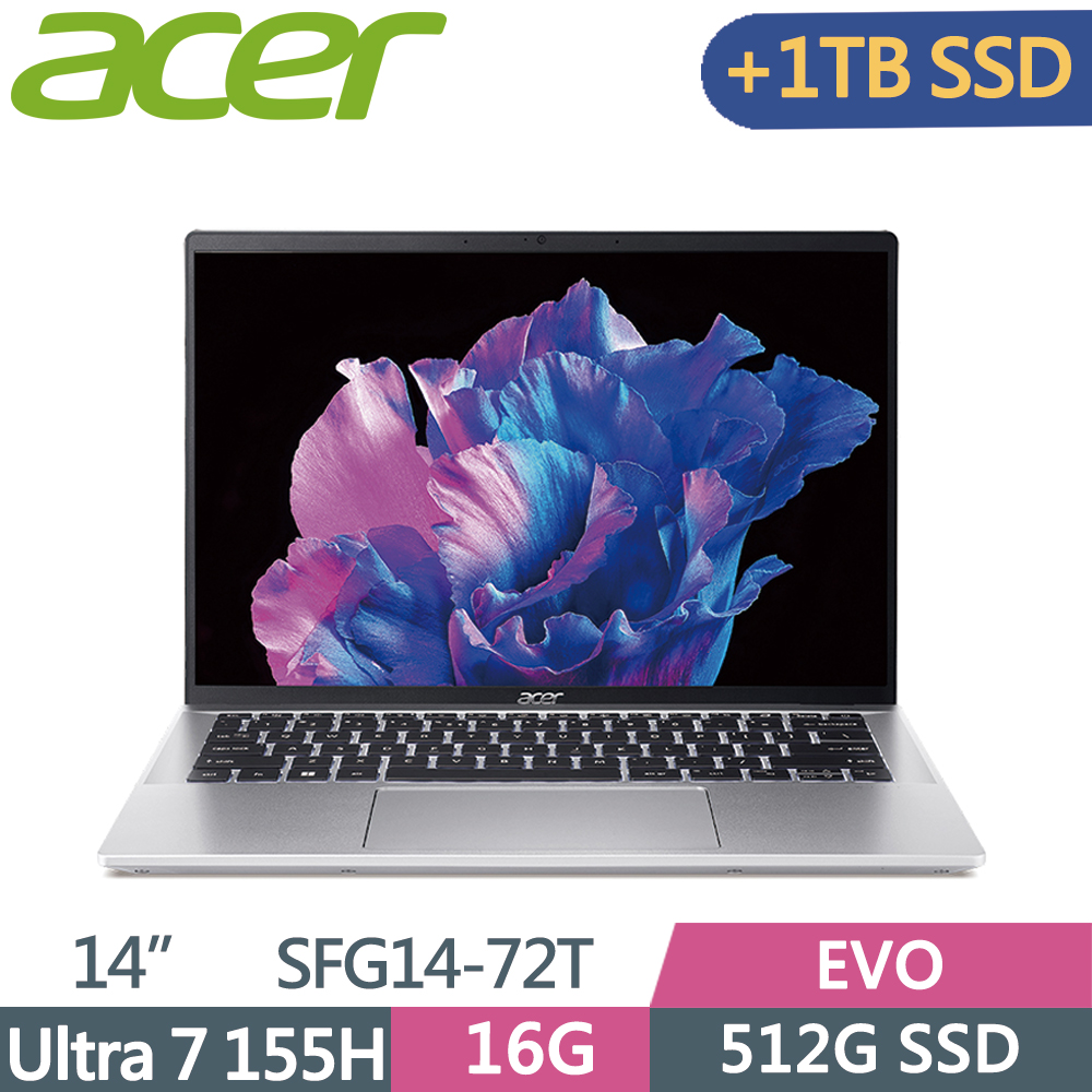 ACER Swift GO SFG14-72T-70KR 銀(Intel Core Ultra 7 155H/16G/512G+1T SSD/W11/14)特仕