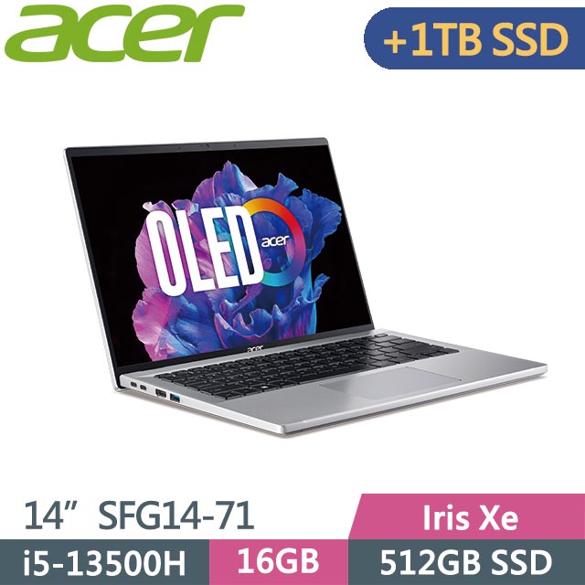 ACER Swift GO SFG14-71-54EW 銀 (i5-13500H/16G/512G+1TB/Win11/OLED/14吋) 特仕筆電