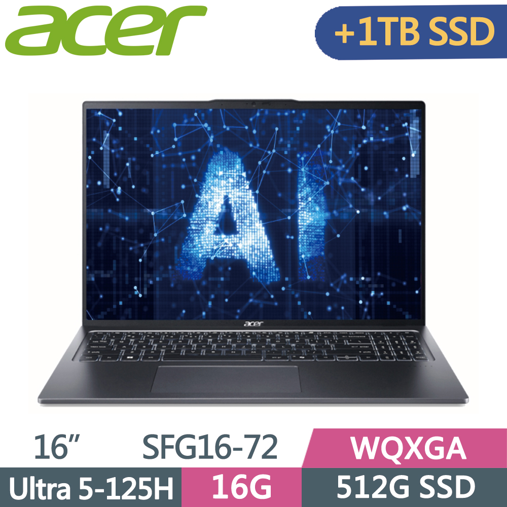 ACER Swift GO SFG16-72-56R3 灰(Ultra 5-125H/16G/512G+1T SSD/W11/WQXGA/16)特仕