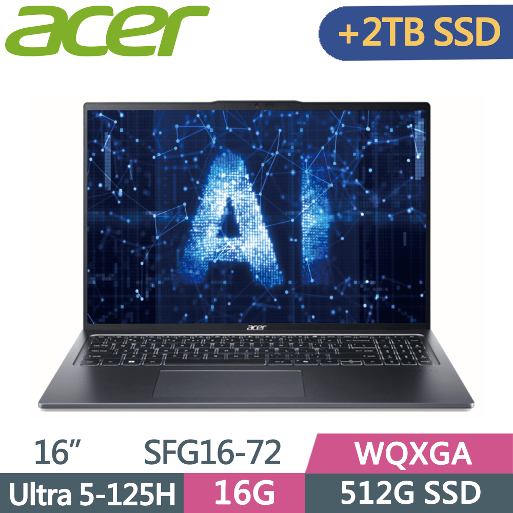 ACER Swift GO SFG16-72-56R3 灰(Ultra 5-125H/16G/512G+2T SSD/W11/WQXGA/16)特仕