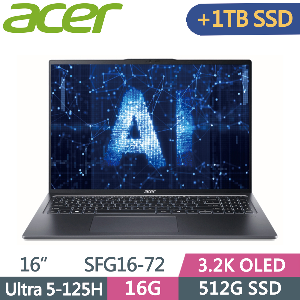ACER Swift GO SFG16-72-59MH 灰(Ultra 5-125H/16G/512G+1T SSD/W11/3.2K OLED/16)特仕
