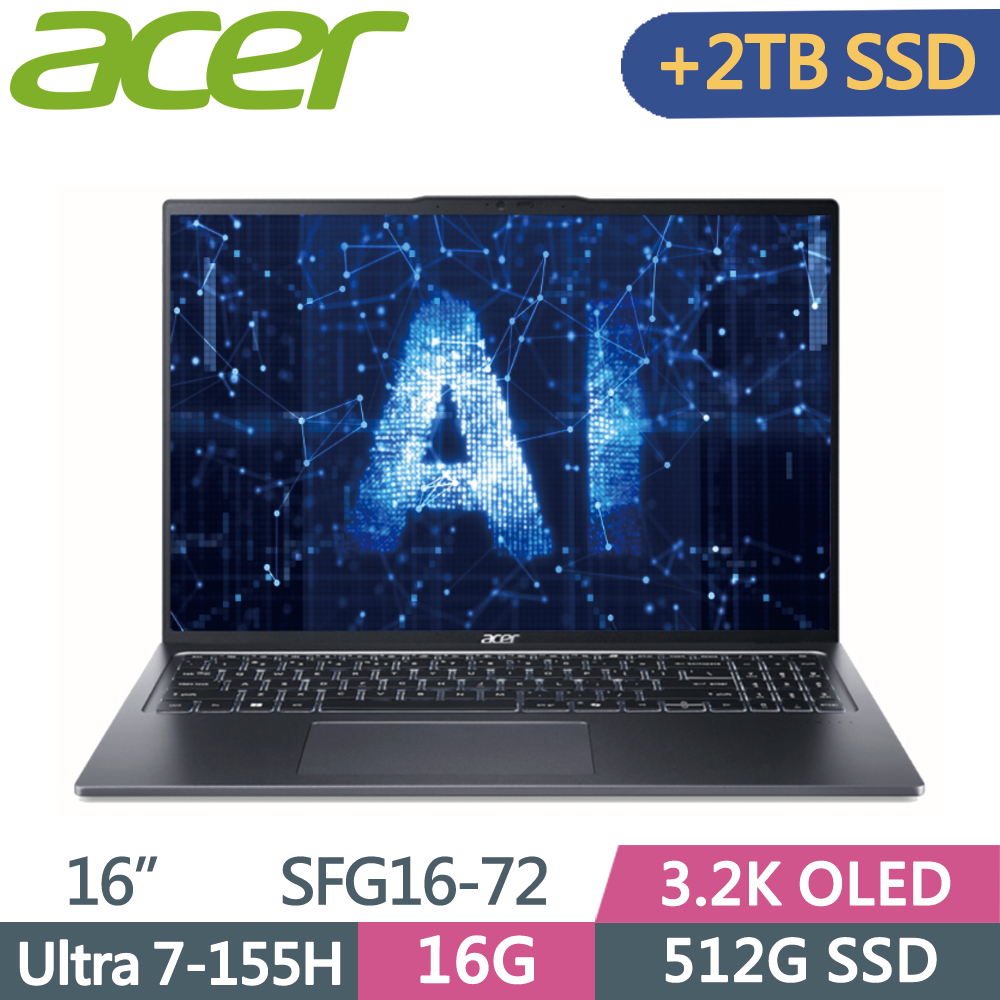 ACER Swift GO SFG16-72-710T 灰(Ultra 7-155H/16G/512G+2T SSD/W11/3.2K OLED/16)特仕