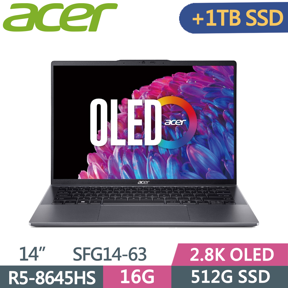 ACER Swift GO SFG14-63-R90F 灰(R5-8645HS/16G/512G+1T SSD/W11/2.8K OLED/14)特仕
