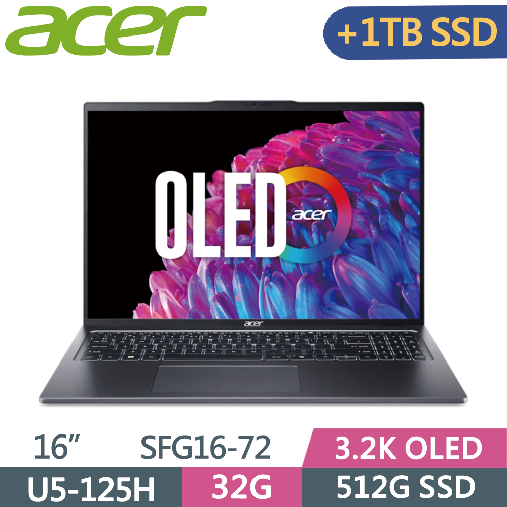 ACER Swift GO SFG16-72-57WR 灰(Ultra 5-125H/32G/512G+1T SSD/W11/3.2K OLED/16)特仕