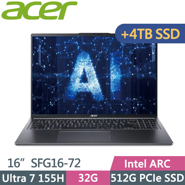 ACER 宏碁 Swift GO SFG16-72-74C7 灰(Ultra 7 155H/32G/512G+4TB/16吋OLED/W11)特仕