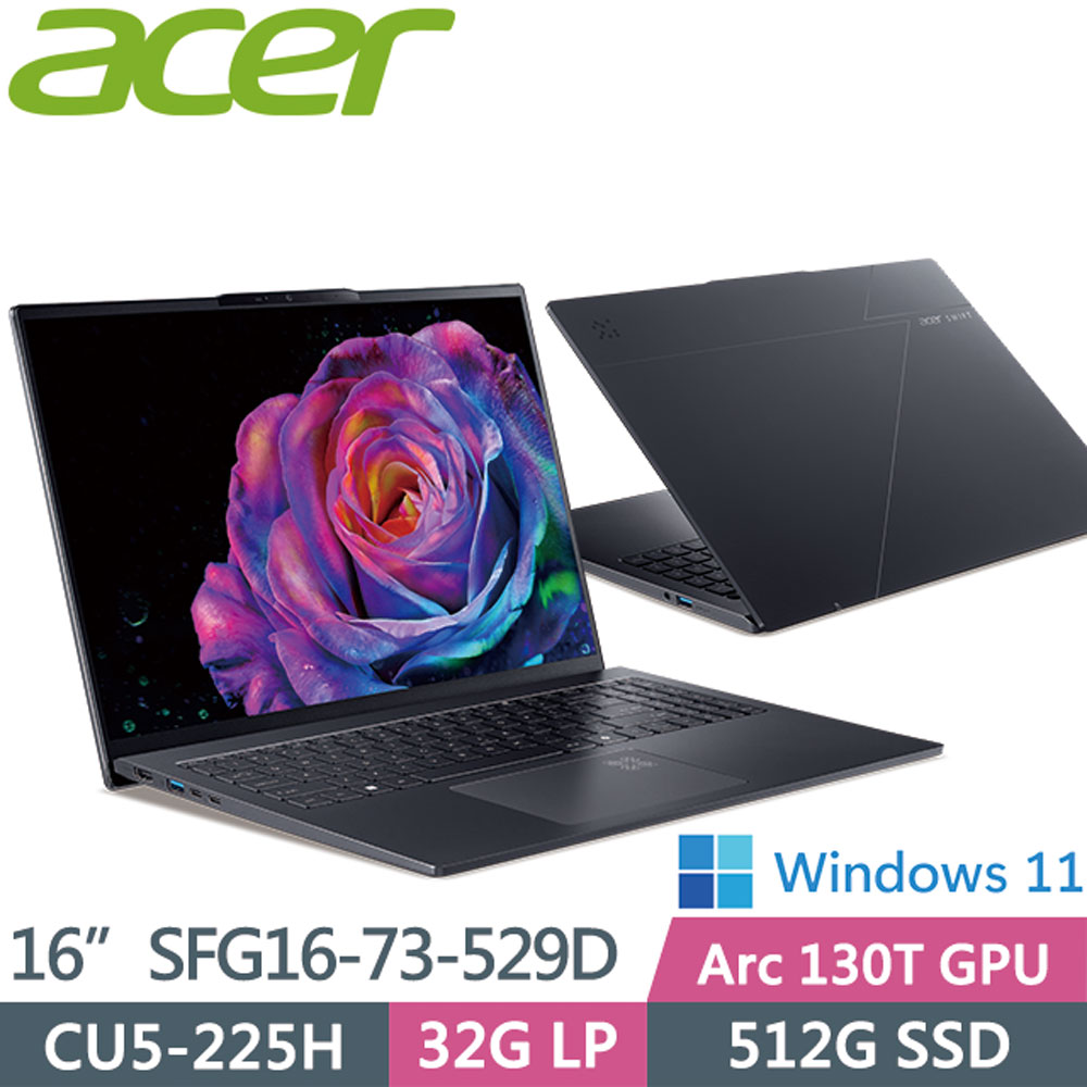 ACER 宏碁 Swift GO SFG16-73-529D 灰(CU5-225H/32G/512G PCIe/W11/2.8K/16霧面)