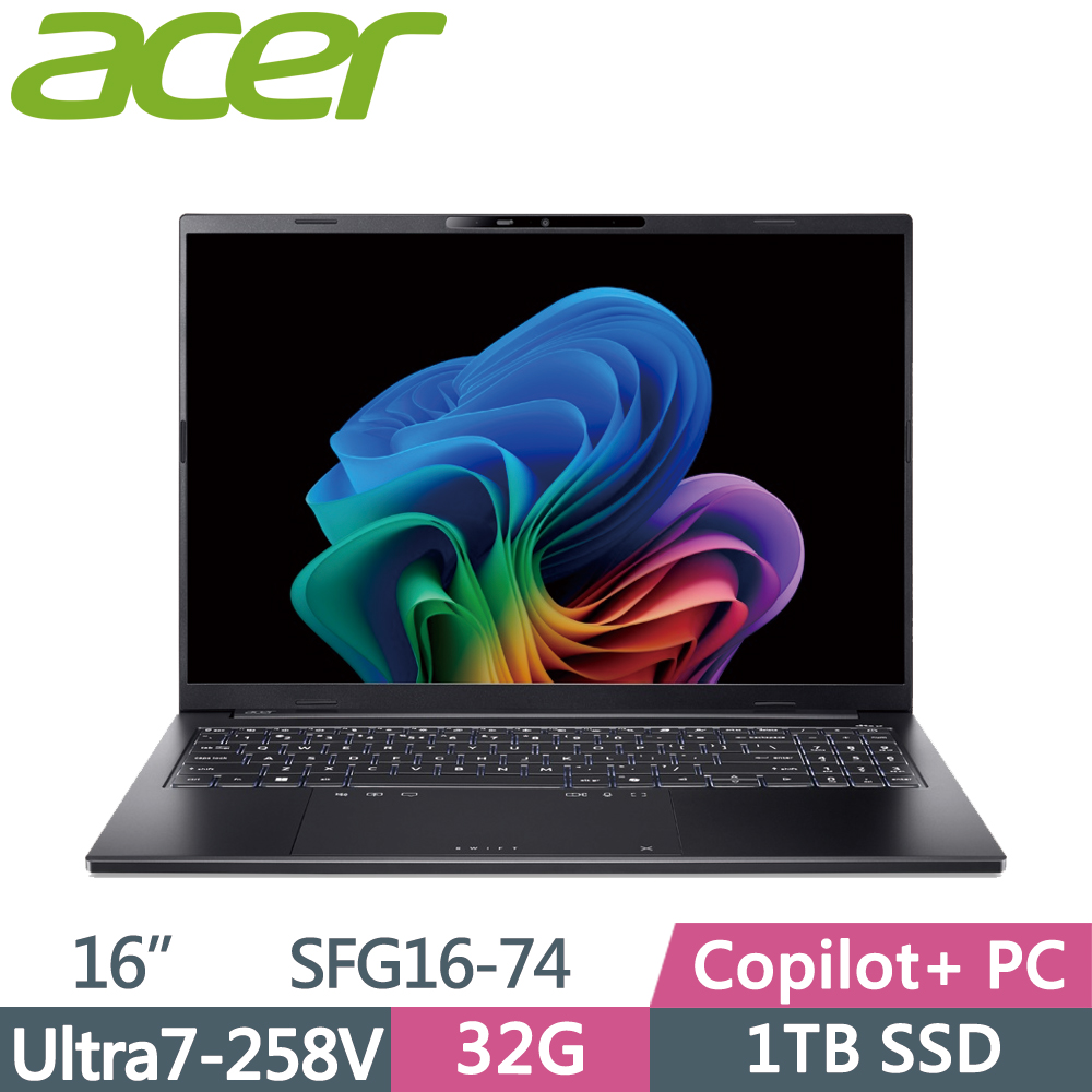 ACER 宏碁 Swift GO 16吋 SFG16-74-79T3 AI筆電 黑(Ultra7-258V/32G/1TB SSD/W11)