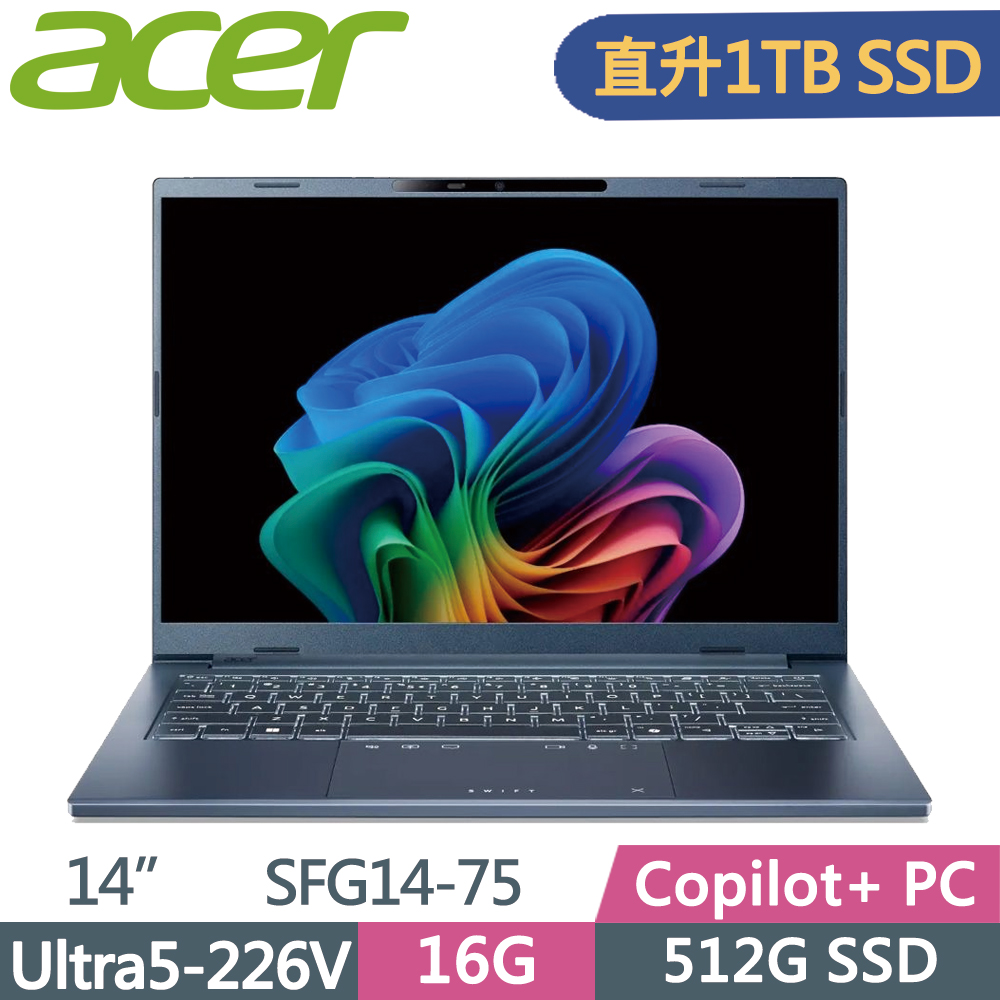 ACER 宏碁 Swift GO 14吋 SFG14-75-542S AI筆電 藍(Ultra5-226V/16G/1TB SSD/W11)特仕