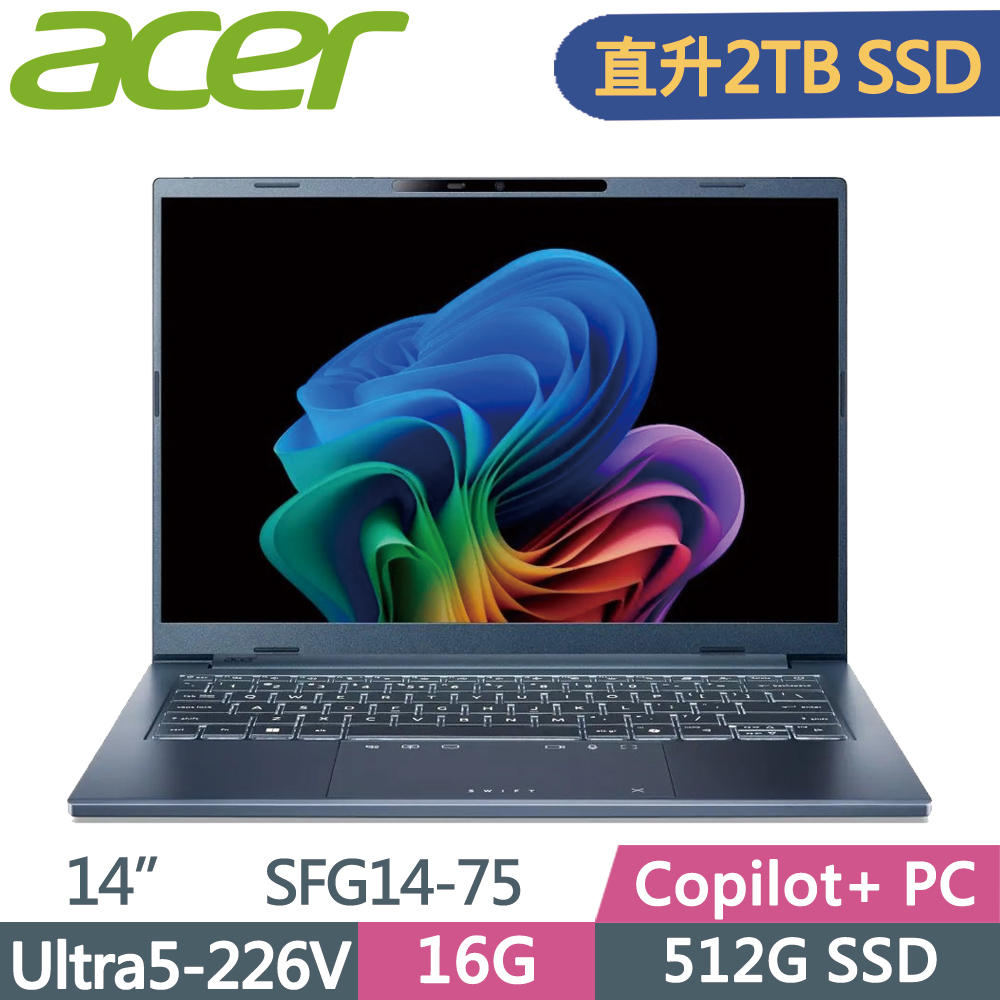 ACER 宏碁 Swift GO 14吋 SFG14-75-59DG AI筆電 藍(Ultra5-226V/16G/2TB SSD/W11)特仕