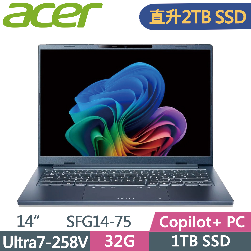 ACER 宏碁 Swift GO 14吋 SFG14-75-76T1 AI筆電 藍(Ultra7-258V/32G/2TB SSD/W11)特仕
