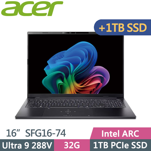 ACER 宏碁 Swift GO SFG16-74-91FX黑(Ultra 9 288V/32G/1TB+1TB SSD/16吋OLED/W11)特仕