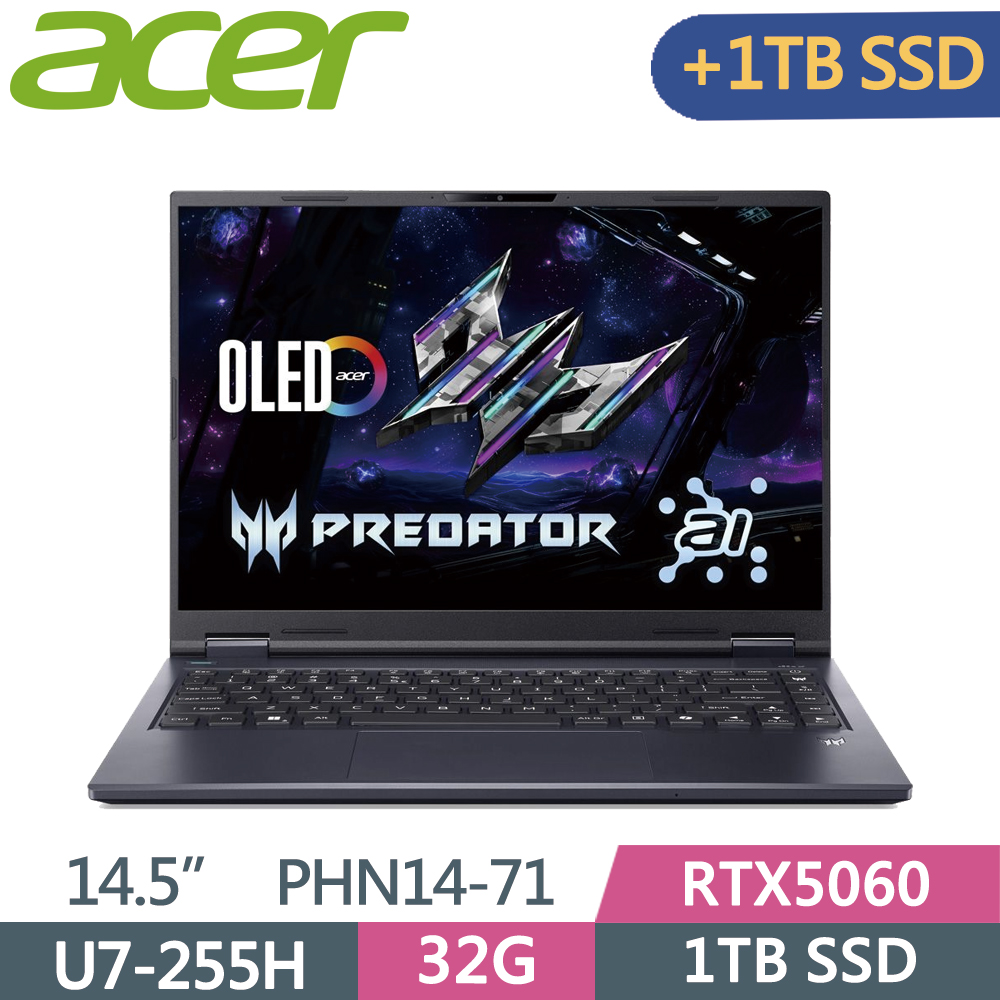 ACER 宏碁 Predator PHN14-71-74GT 14.5吋 電競筆電 黑(Ultra7 255H/32G/1TB+1TB SSD/RTX5060/W11)特仕