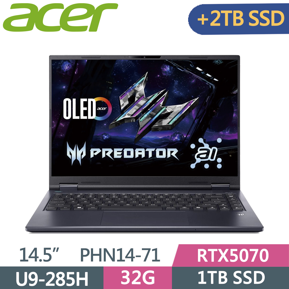 ACER 宏碁 Predator PHN14-71-96GV 14.5吋 電競筆電 黑(Ultra9 285H/32G/1TB+2TB SSD/RTX5070/W11)特仕