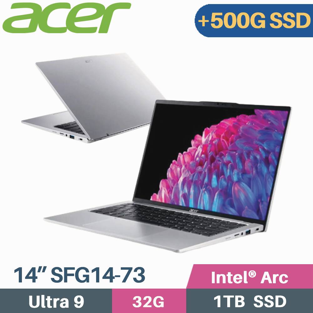 ACER Swift GO SFG14-73-95N0 銀 (Core Ultra 9 185H/32G/1TB+500G/W11/EVO/14)特仕