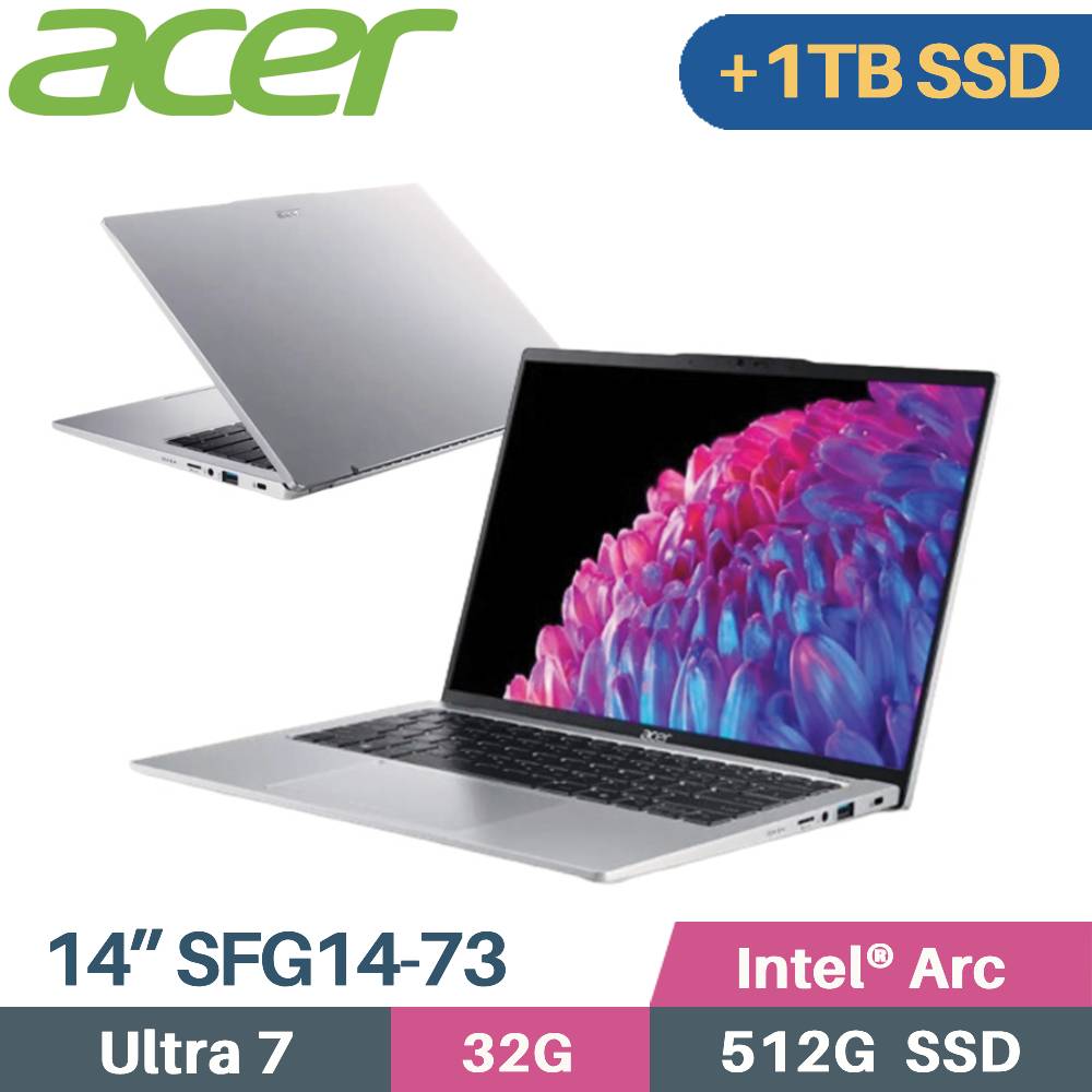 ACER Swift GO SFG14-73-76K0 銀 (Core Ultra 7 155H/32G/512G+1TB/W11/EVO/14)特仕