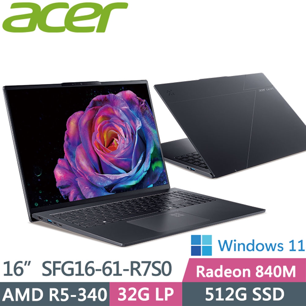 ACER 宏碁 Swift GO SFG16-61-R7S0 灰(R5-340/32G/512G PCIe/W11/2.8K/16OLED)AI筆電