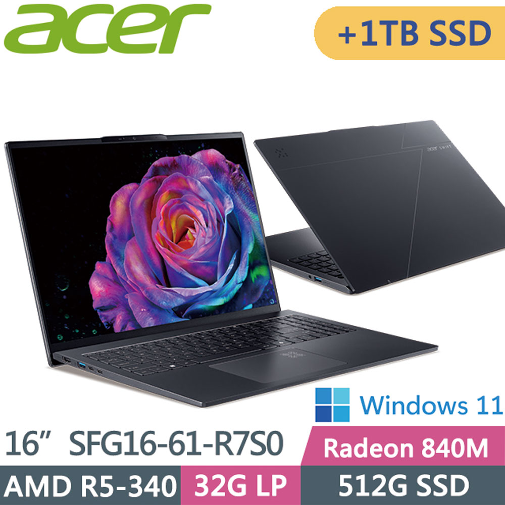 ACER 宏碁 Swift GO SFG16-61-R7S0 灰(R5-340/32G/512G+1TB/W11/2.8K/16OLED)AI筆電特仕