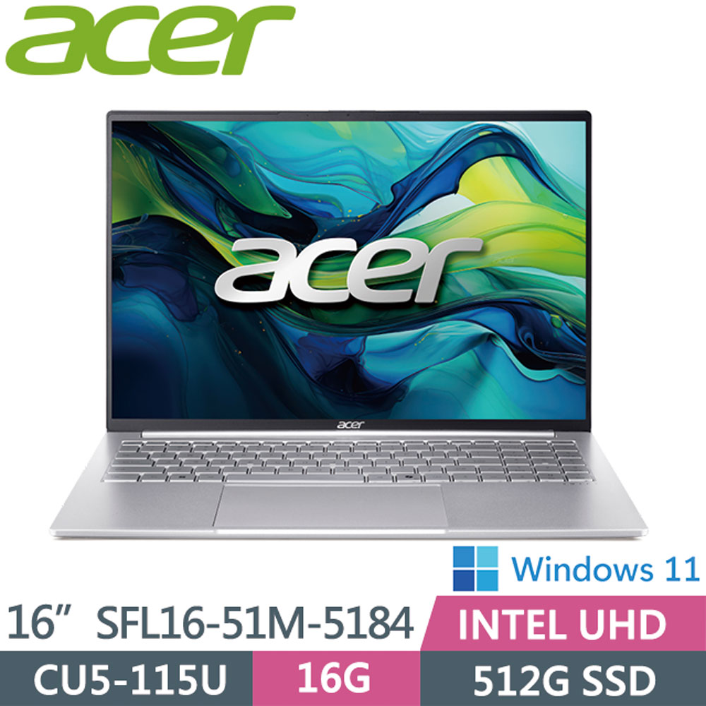 ACER 宏碁Swift Lite SFL16-51M-5184 (Ultra5 115U/16GB/512GB/W11/16吋)AI文書效能筆電銀色