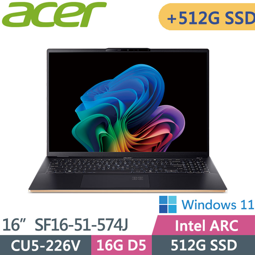 ACER 宏碁Swift 16 AI SF16-51-574J 黑(Ultra5 226V/16G/512G+512G/OLED/W11)16吋 AI筆電特仕