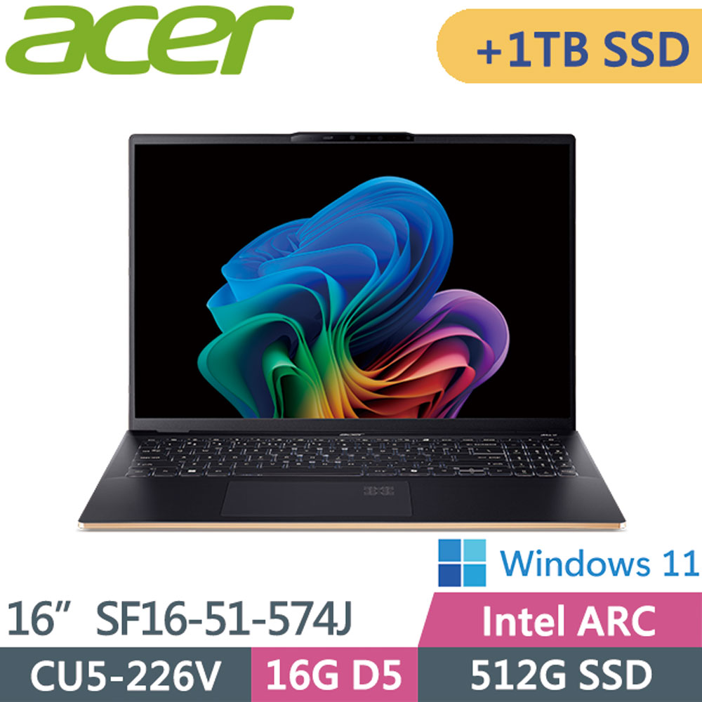 ACER 宏碁Swift 16 AI SF16-51-574J 黑(Ultra5 226V/16G/512G+1TB/OLED/W11)16吋 AI筆電特仕