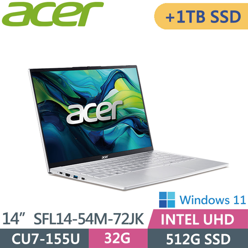 ACER 宏碁 Swift Lite SFL14-54M-72JK (U7-155U/32G/512G+1TB/WIN11)14吋 AI文書輕薄筆電銀色特仕