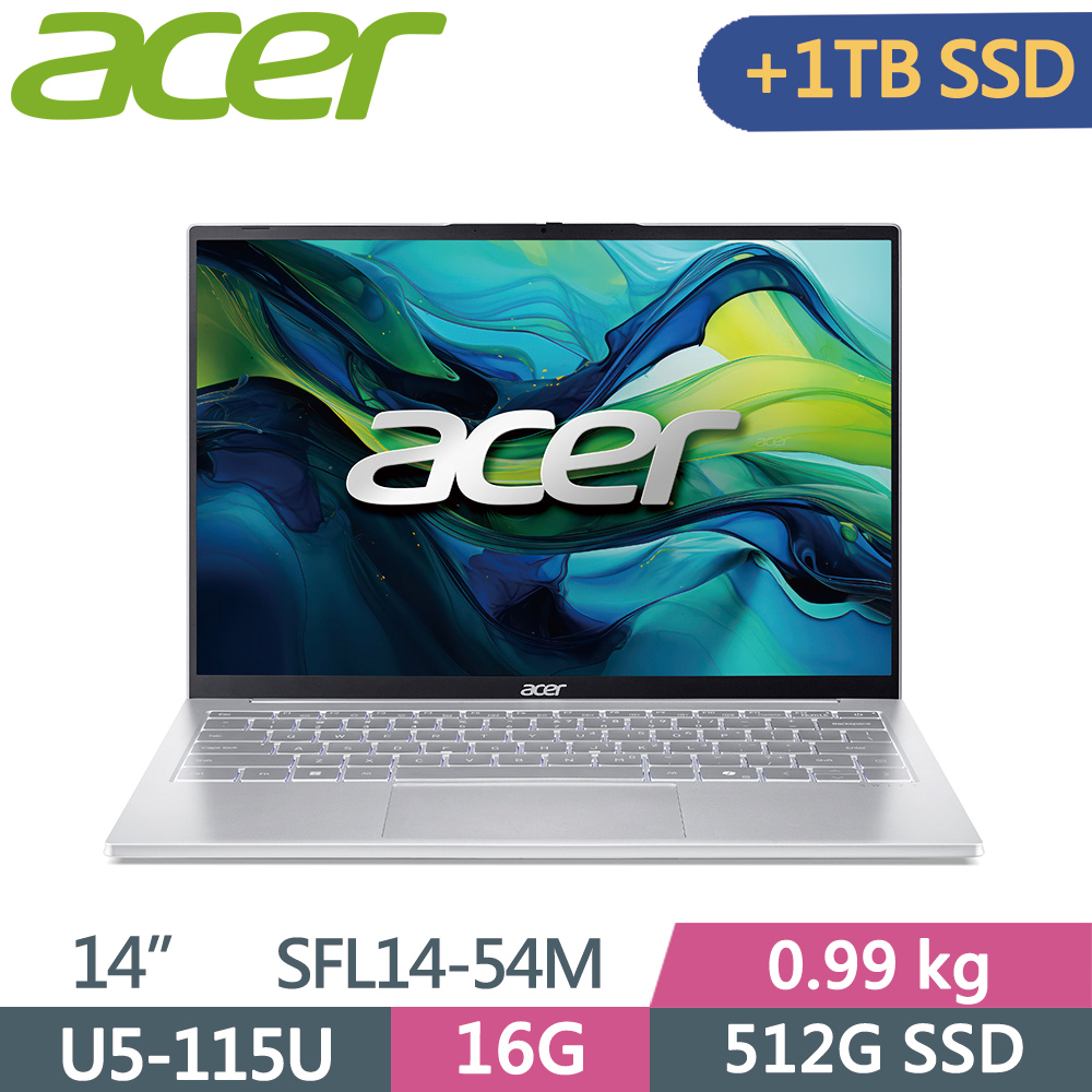 ACER 宏碁 Swift Lite 14 SFL14-54M-52F2 14吋 AI筆電 銀(Ultra5-115U/16G/512G+1TB SSD/W11)特仕