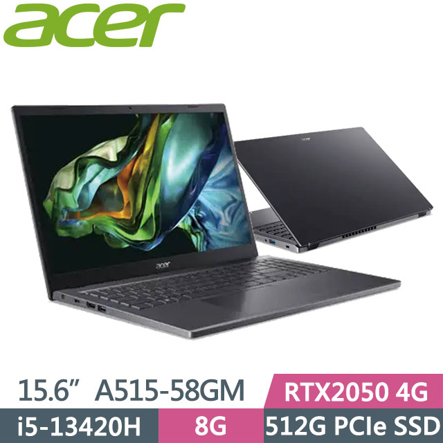 Acer宏碁 Aspire 5 A515-58GM 筆電，外在有型內在有力，搭載第13代Intel處理器、8GB DDR4記憶體與512GB PCIe NVMe SSD，提供高速運作與充足儲存空間。15.6吋FHD 1920x1080解析度16:9顯示比例，帶來清晰舒適視覺體驗；支援WiFi 6E最高6GHz無限暢連及Bluetooth 5.1新一代優質連線。散熱強化設計使用更順手，Windows 11 Home系統，無論工作娛樂皆輕鬆完成。享筆電速來保及直營客服服務，功能齊全的入門高效筆電首選！