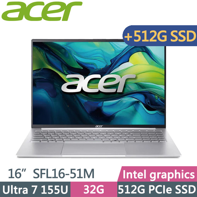 ACER 宏碁 Swift Lite SFL16-51M-74W7 銀(Ultra 7 155U/32G/512G+512G/16吋WUXGA/W11)特仕